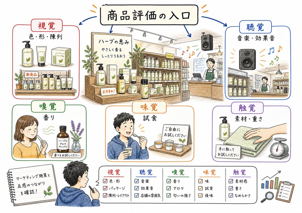 視覚・聴覚・嗅覚・味覚・触覚が商品評価の入口になる図解