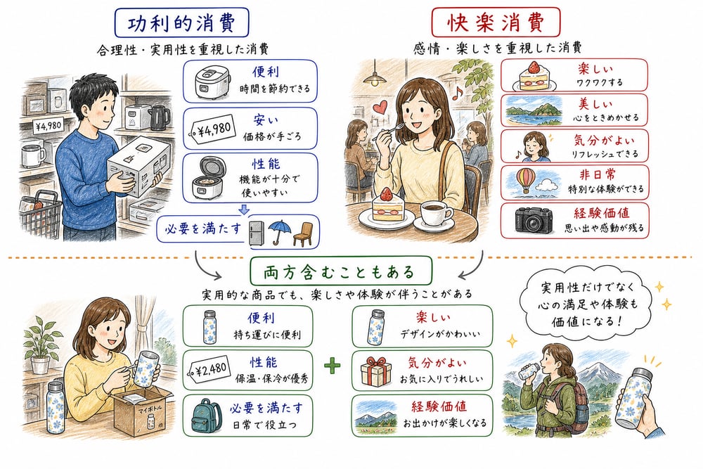 功利的消費と快楽消費を実用性と楽しさ・経験価値で比較する図解