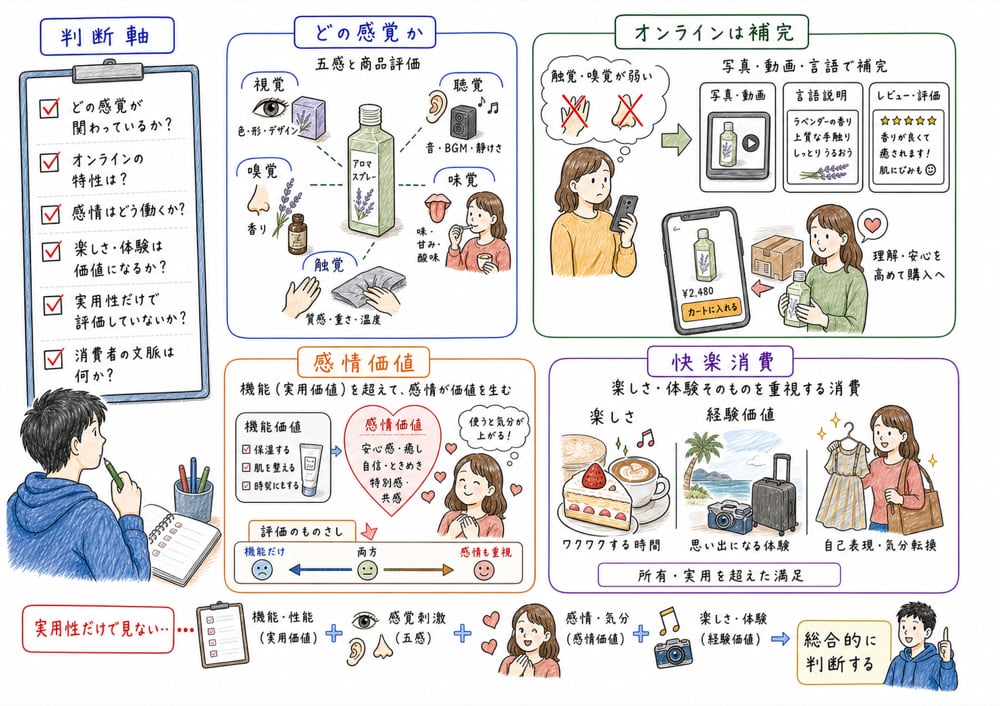 消費者の感覚と感情の試験判断軸をまとめる図解