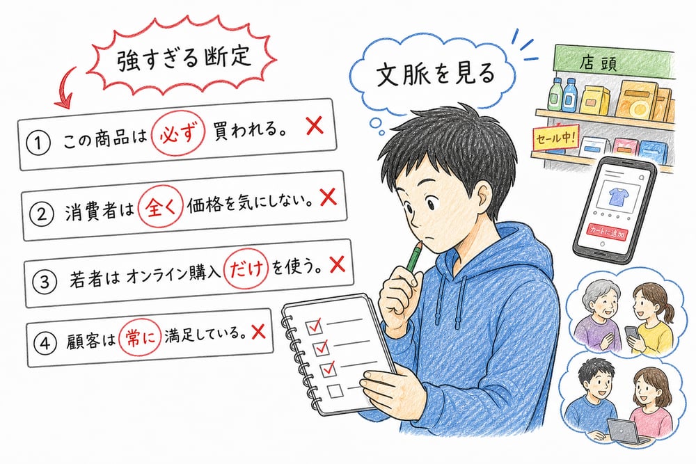 必ず、全く、だけ、常にのような強すぎる断定に注意し、文脈を見る図解
