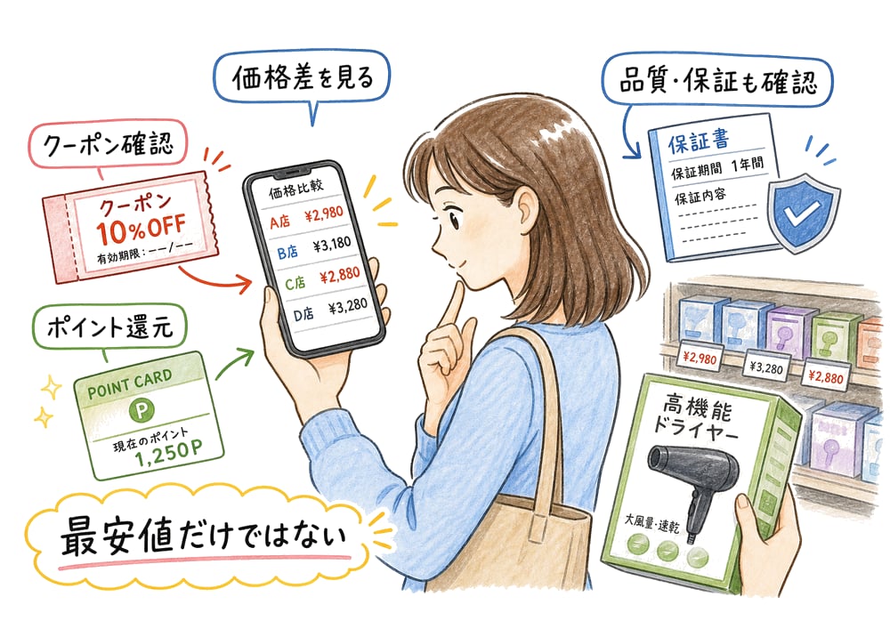 価格関与が高い消費者が価格差やクーポン、ポイント還元を確認する図解