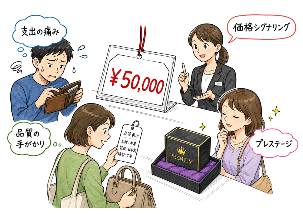 価格が支出の痛み、品質の手がかり、プレステージの信号になる図解