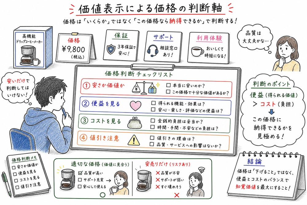価値表示による価格の判断軸を確認する図