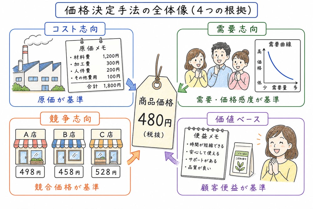 価格決定手法をコスト・需要・競争・価値で整理する図解