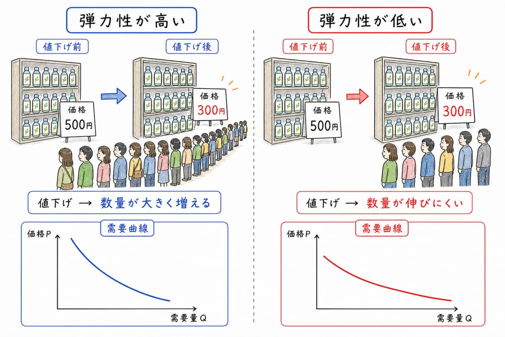 需要の価格弾力性が高い場合と低い場合を比べる図解