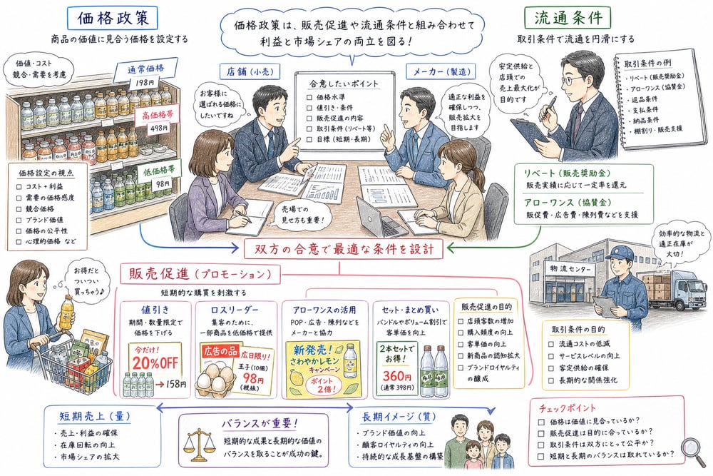 値引き、リベート、アローワンス、ロスリーダーを価格政策と販売促進の境界で整理する図解