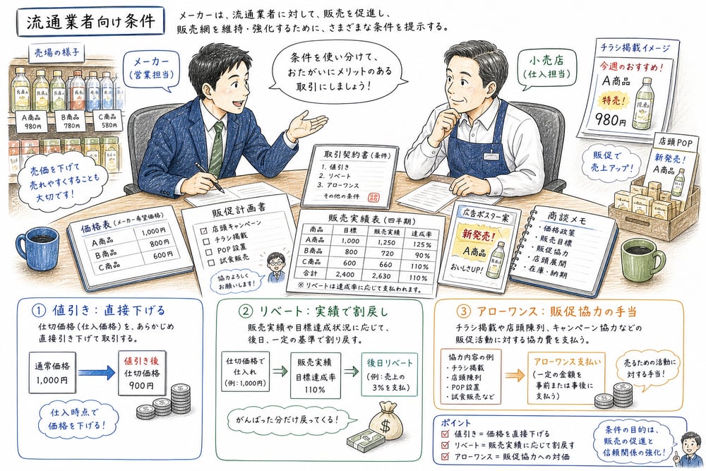 値引き、リベート、アローワンスの目的と対象を区別する図解