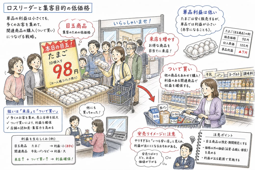 ロスリーダーが単品利益ではなく来店と関連購買を狙うことを示す図解