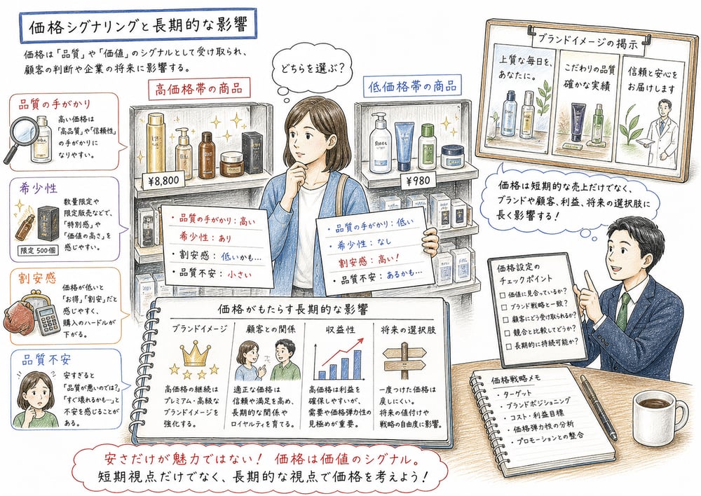 価格が品質や希少性の手がかりになり長期イメージへ影響する図解