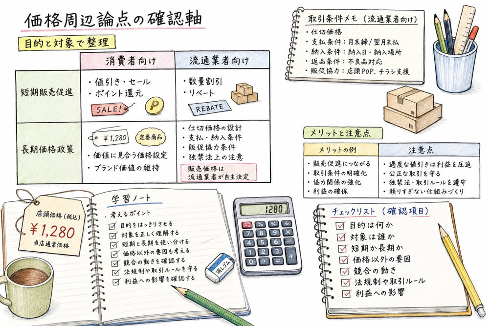 価格周辺論点を消費者向けか流通業者向けか、短期か長期かで整理する図解