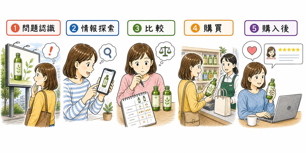 購買プロセスの段階ごとに効くコミュニケーション手段を整理する図解