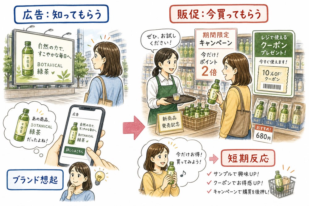広告と販売促進の役割の違いを示す図解