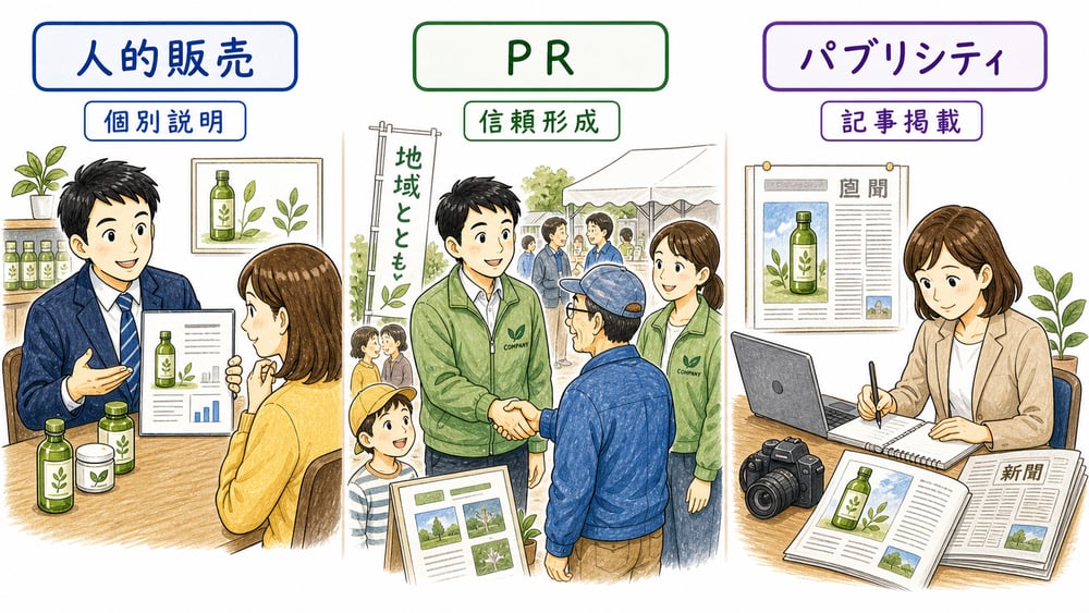人的販売、PR、パブリシティを個別説明、信頼形成、記事掲載で区別する図解