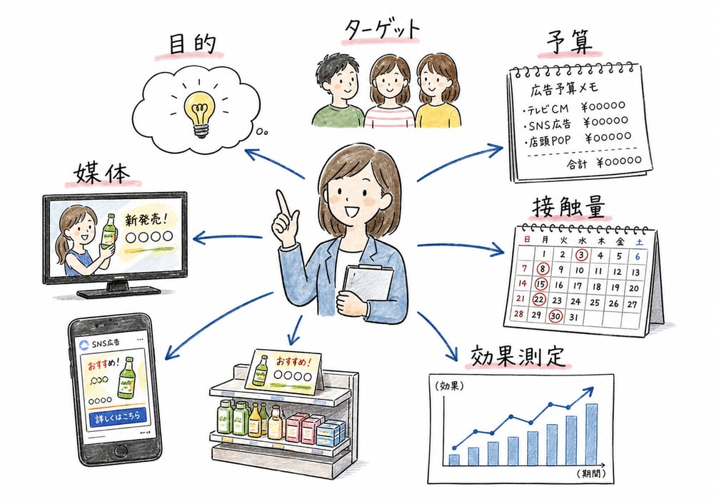 広告計画と効果測定の全体像を示す図解
