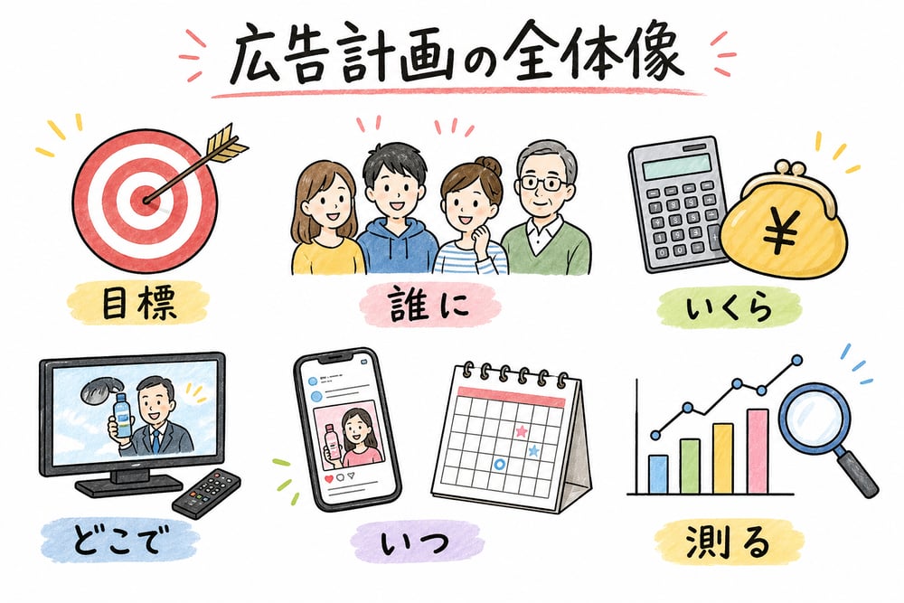 広告計画を目標から効果測定へ落とす流れの図解