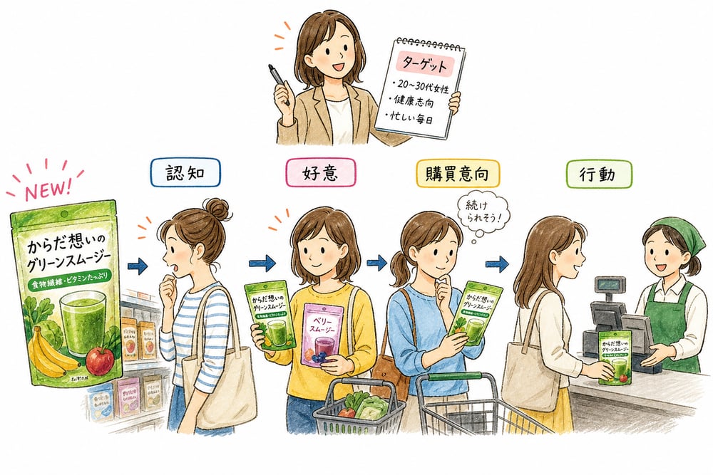 認知、態度、行動に合わせて広告目標とターゲットを設定する図解