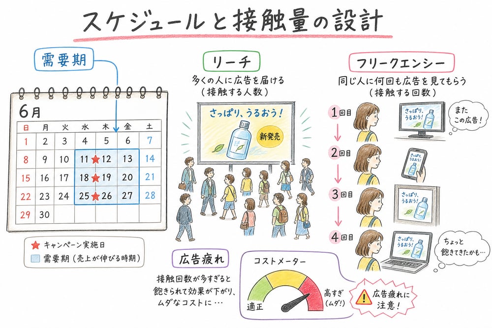 広告スケジュールとリーチ、フリークエンシーを分けて考える図解