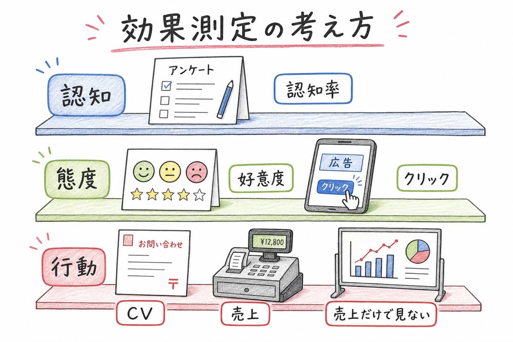 認知、態度、行動の段階に合わせて広告効果指標を選ぶ図解