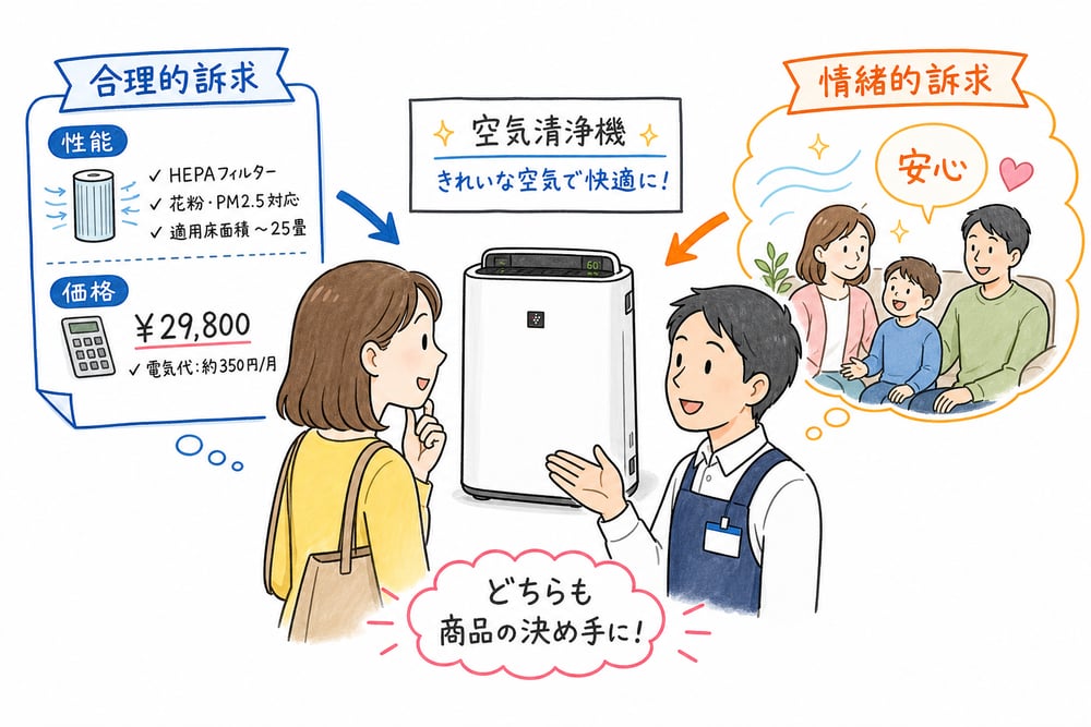 合理的訴求と情緒的訴求を商品選択場面で比べる図解