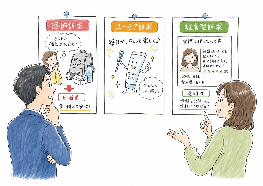 恐怖訴求、ユーモア訴求、証言型訴求の違い