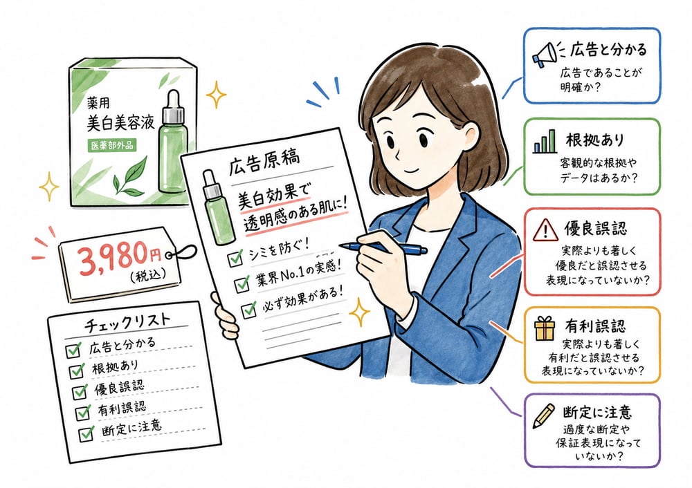 広告規制で広告表示、根拠、誤認防止を点検する図解