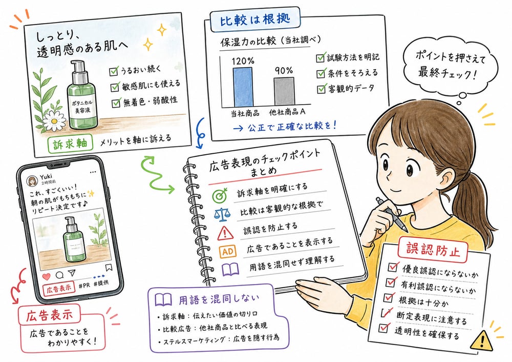 広告表現の訴求軸、比較、公正性、広告表示をまとめて確認する図解
