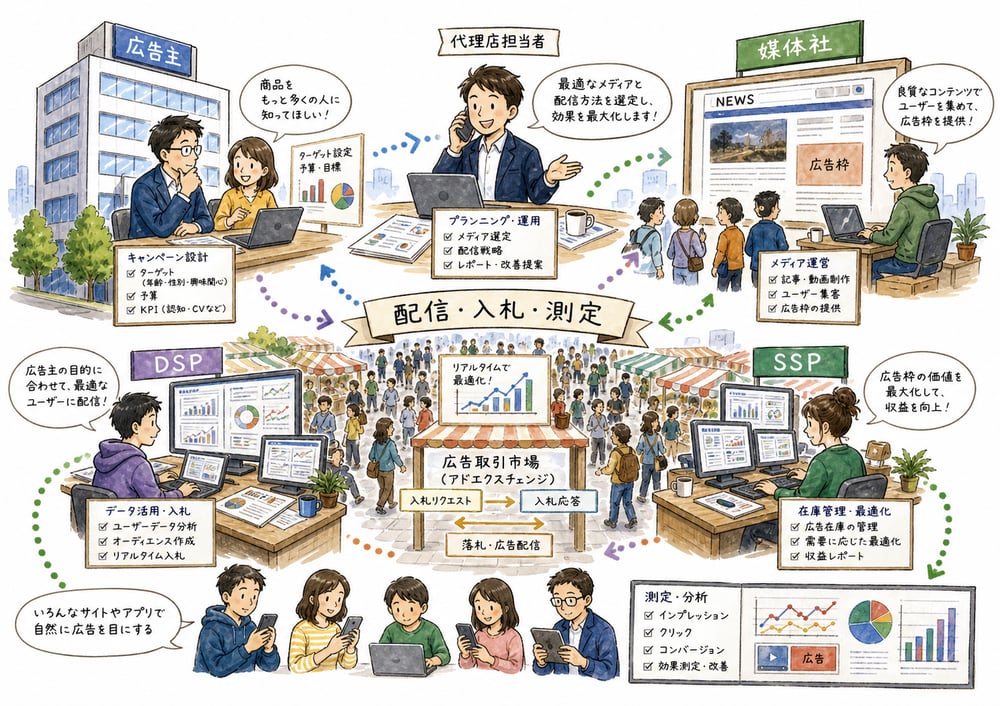 広告主、媒体社、DSP、SSPなどが配信・入札・測定を支える構造の図解