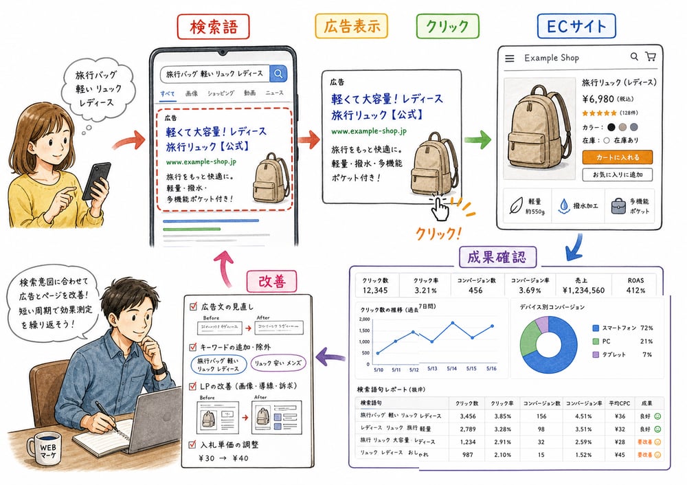 検索語、広告表示、クリック、成果確認、改善の流れを示す図解