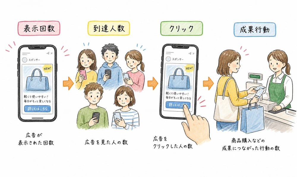表示回数、到達人数、クリック、成果行動を段階で区別する図解