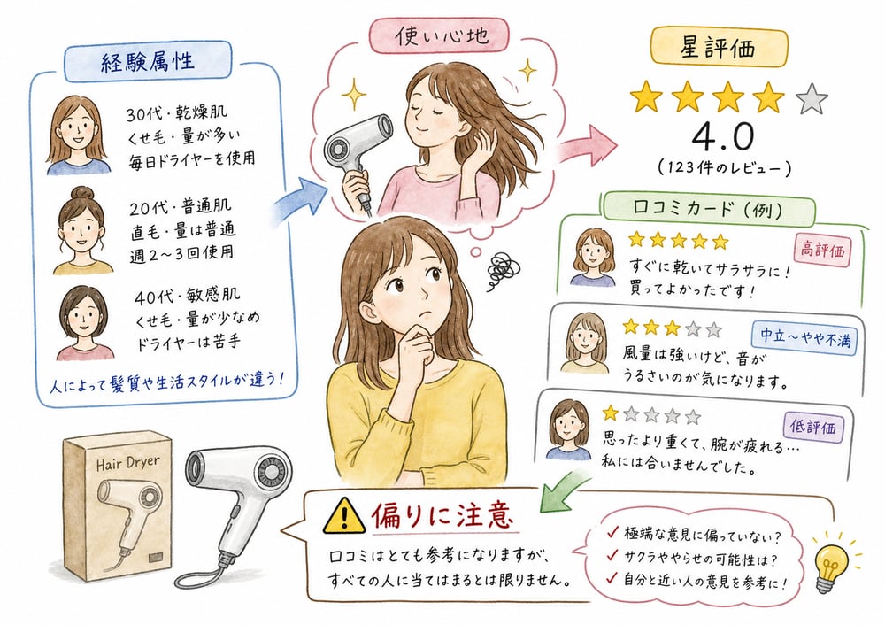 口コミやレビューが経験属性を補う一方で偏りに注意することを示す図解