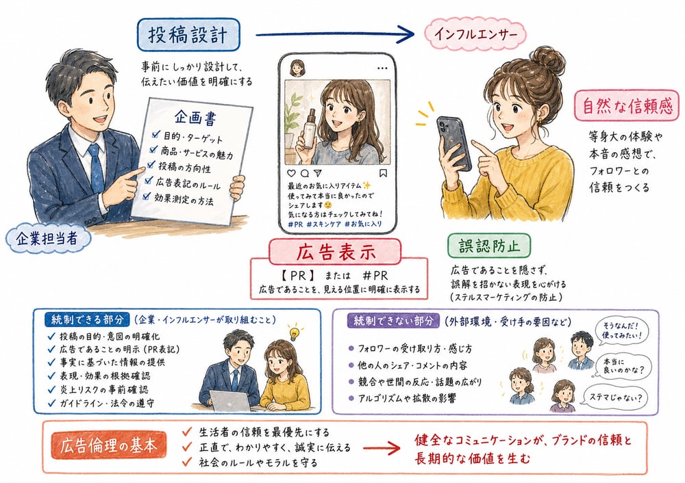インフルエンサー投稿の設計可能範囲と広告表示による誤認防止を示す図解