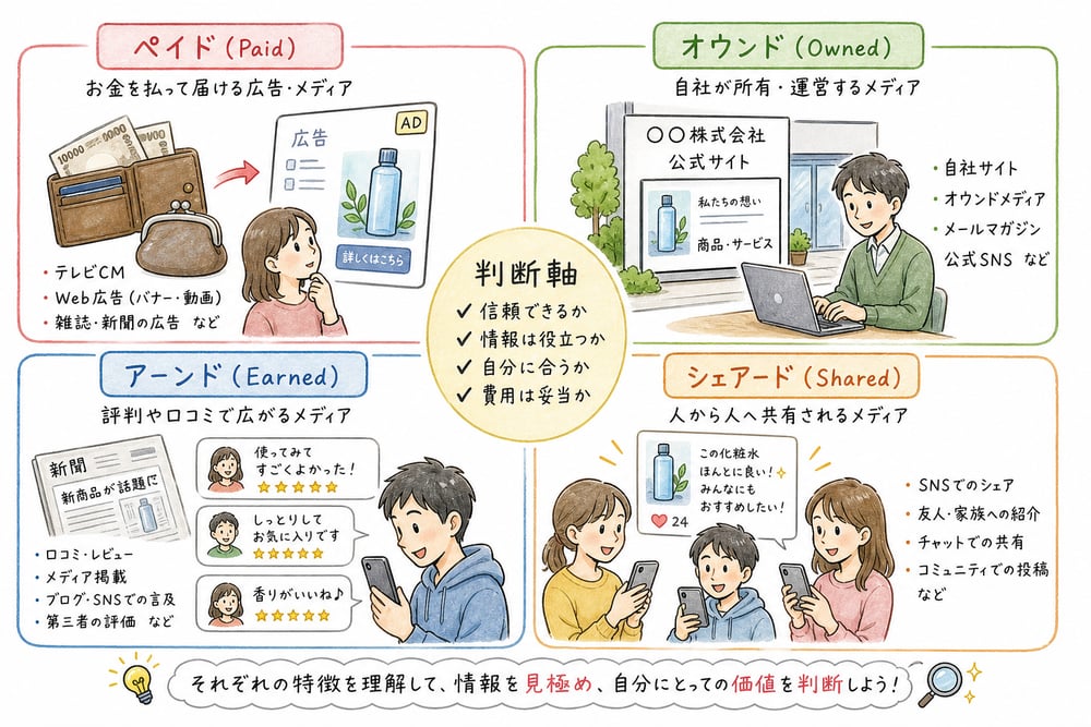 ペイド、オウンド、アーンド、シェアードを費用・所有・評判・共有で分類する図解