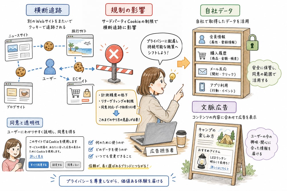 サードパーティクッキー規制がリターゲティングと自社データ活用に与える影響の図解