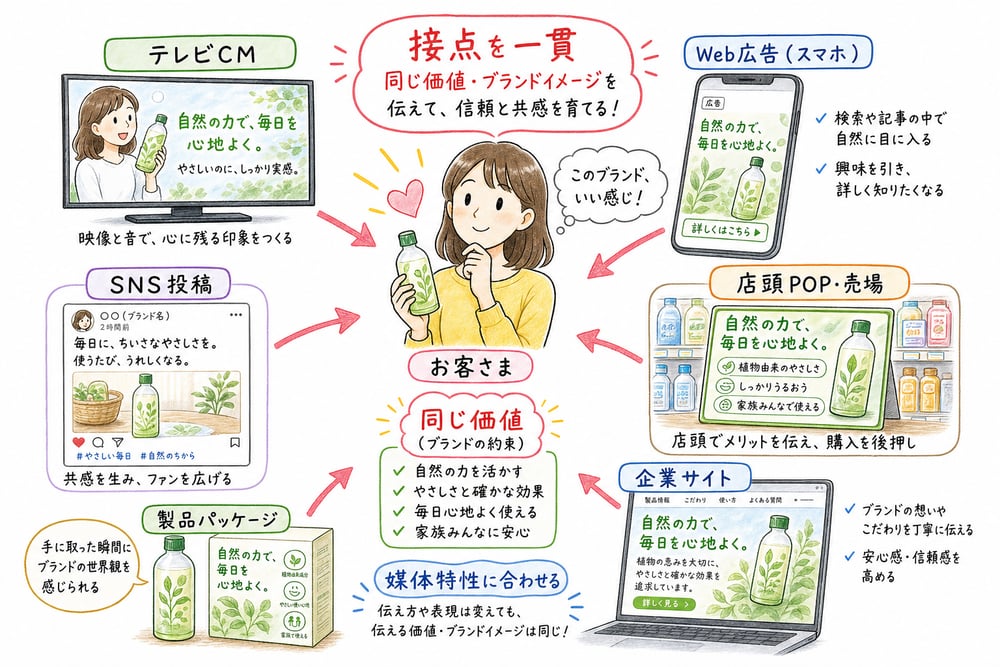 テレビCM、Web広告、店頭POP、SNS、パッケージ、企業サイトでブランド価値を一貫させる図解