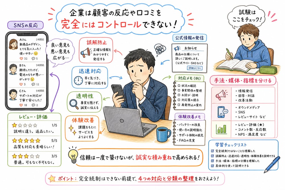評判管理では完全統制ではなく誤解防止、迅速対応、透明性、体験改善と選択肢分類を確認する図解