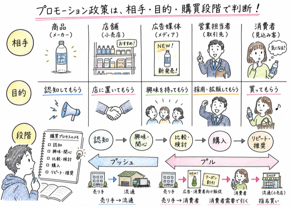 プロモーション政策を相手、目的、購買段階で整理する図解