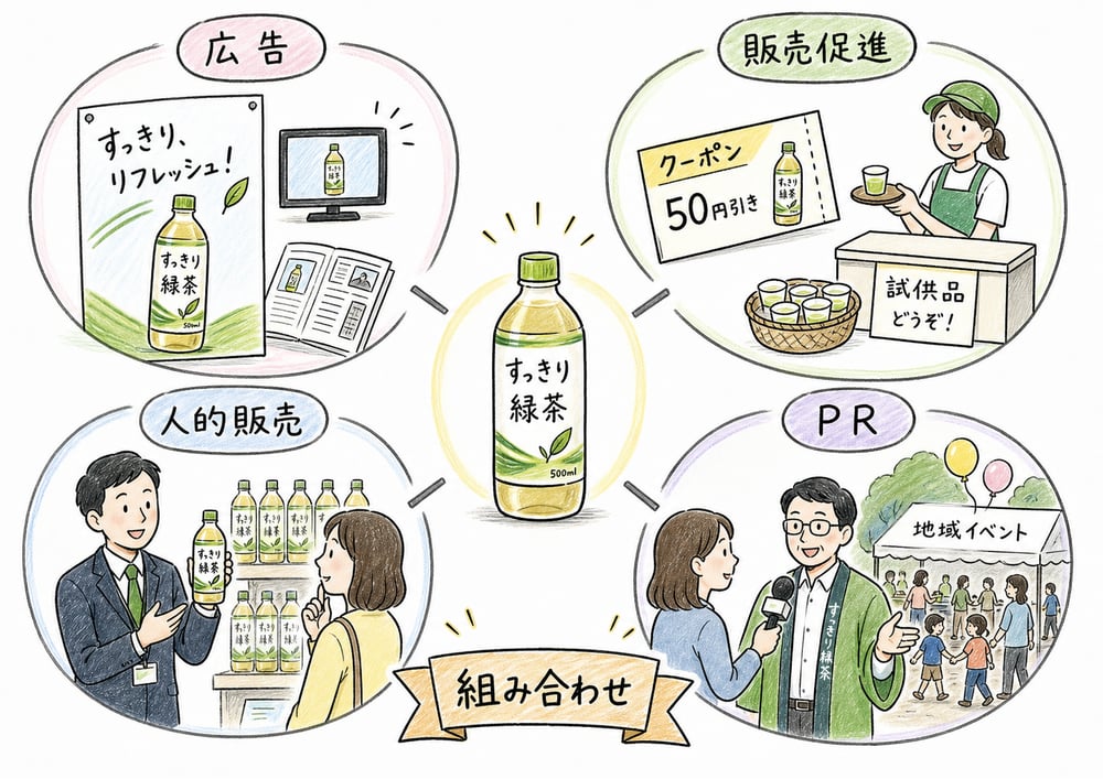 広告、販売促進、人的販売、PRの役割を整理する図解