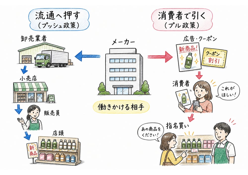 プッシュ政策とプル政策を働きかける相手で区別する図解
