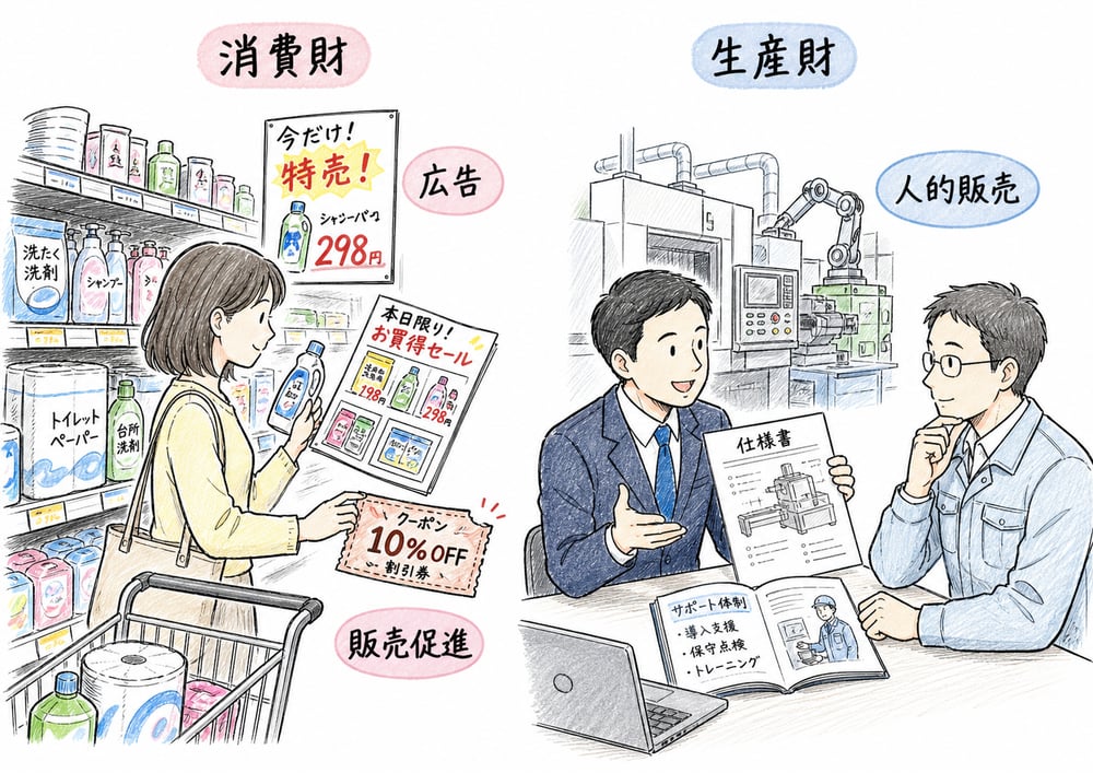 消費財と生産財で重視するプロモーション手段を比較する図解