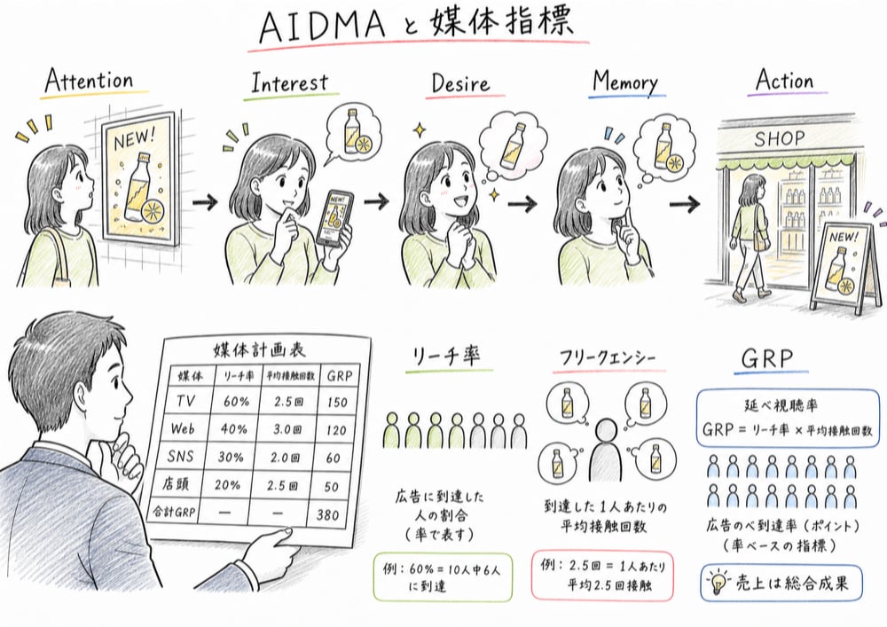 AIDMAとリーチ、フリークエンシー、GRPを整理する図解
