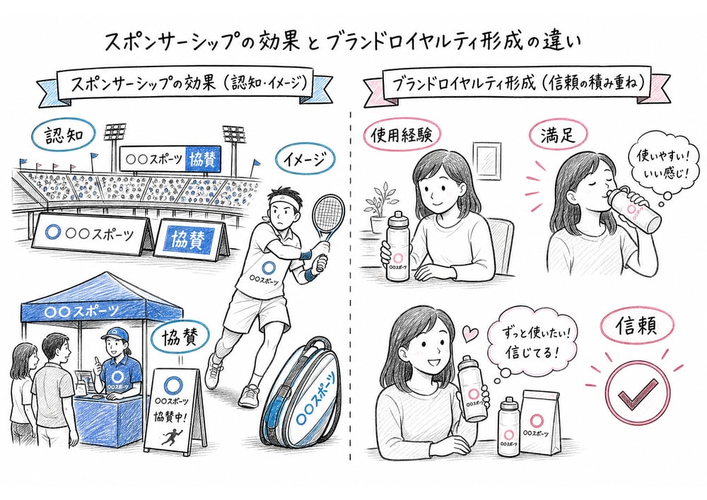 スポンサーシップの認知効果とロイヤルティ形成の違いを整理する図解