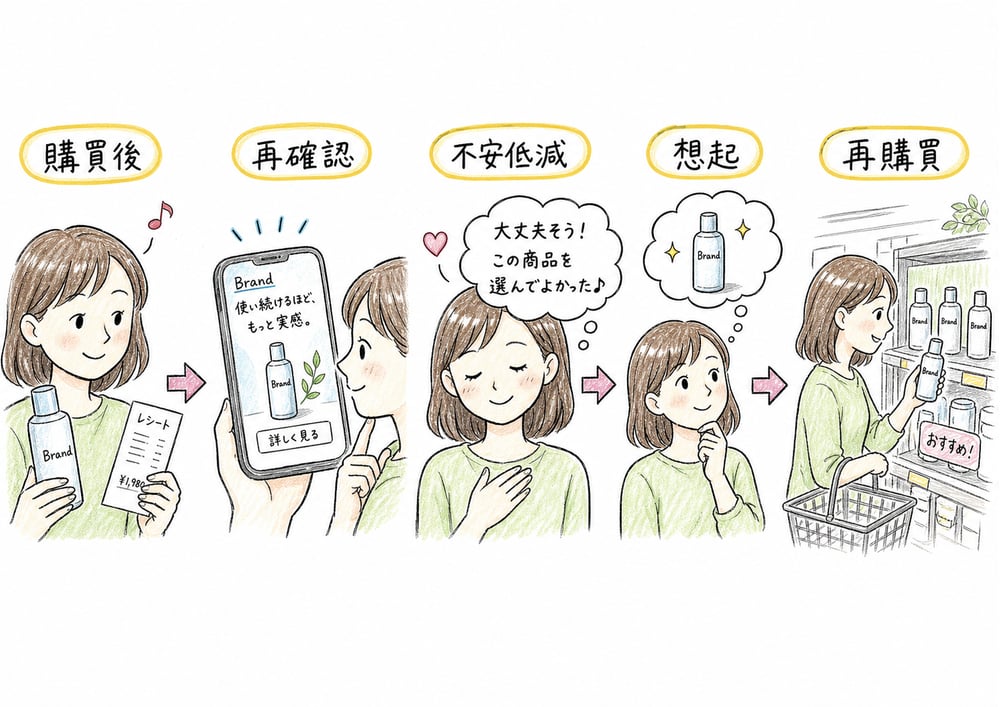 広告の購買後効果をブランド想起と認知的不協和の低減で整理する図解