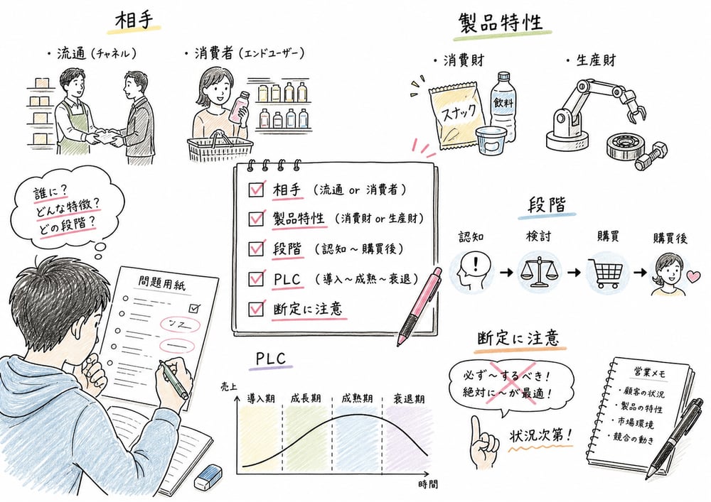 プロモーション政策を相手、製品特性、段階、断定表現で確認する図解