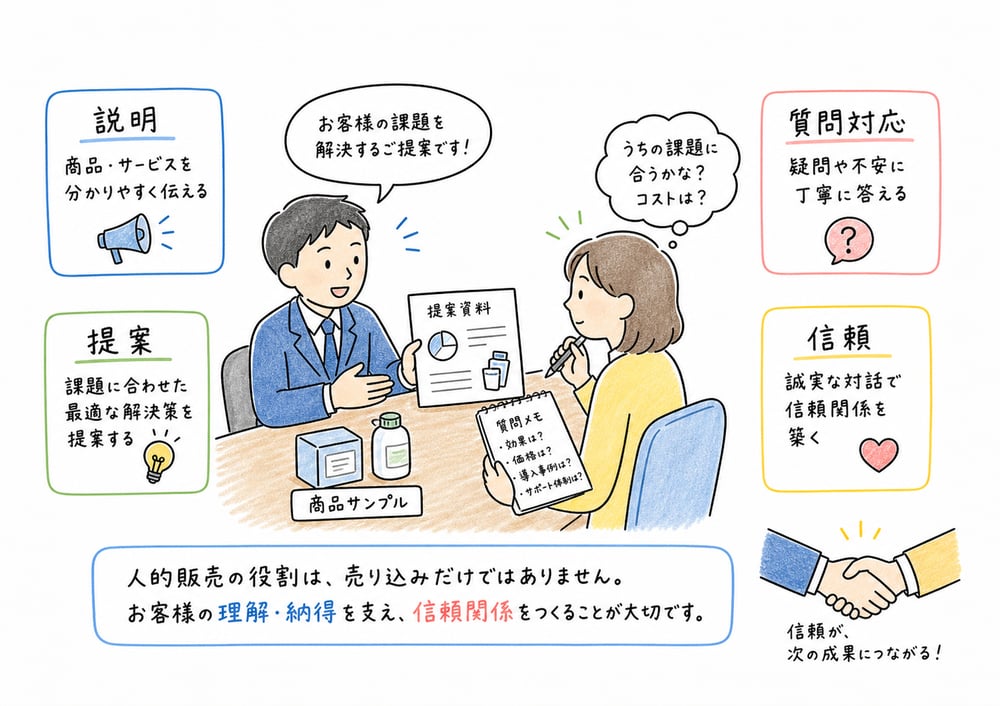 営業担当者が説明、質問対応、提案、信頼形成を行う人的販売の役割図