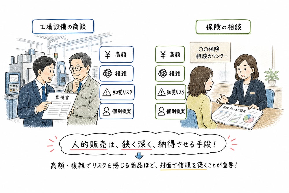 工場設備の商談と保険相談で人的販売が向く場面を示す図