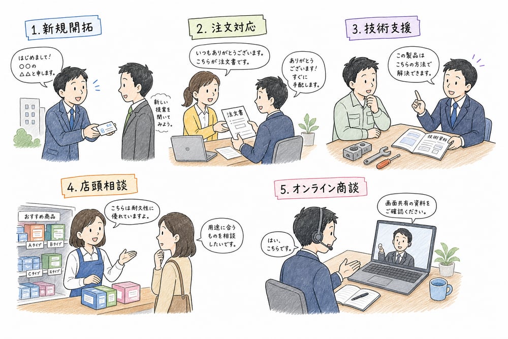 新規開拓、注文対応、技術支援、店頭相談、オンライン商談の販売員タイプを示す図
