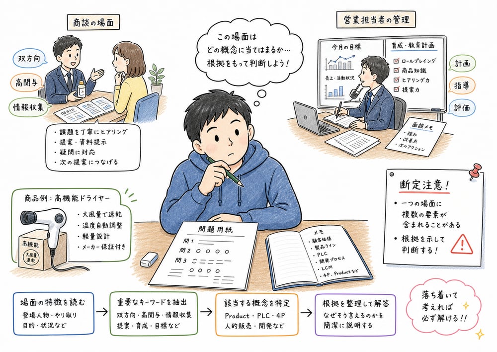 人的販売の判断軸として双方向、高関与、情報収集、断定注意を確認する図