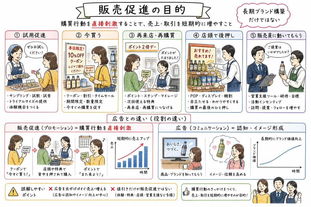 販売促進が購買行動や販売行動を直接刺激する目的を示す図解