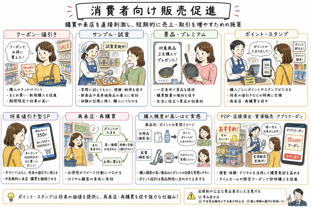 消費者向け販売促進とポイント制度の再来店促進を示す図解