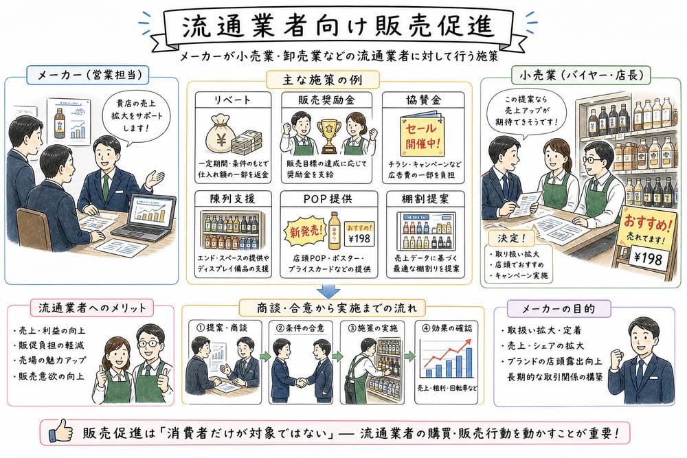流通業者向け販売促進としてリベート、陳列支援、棚割提案を示す図解